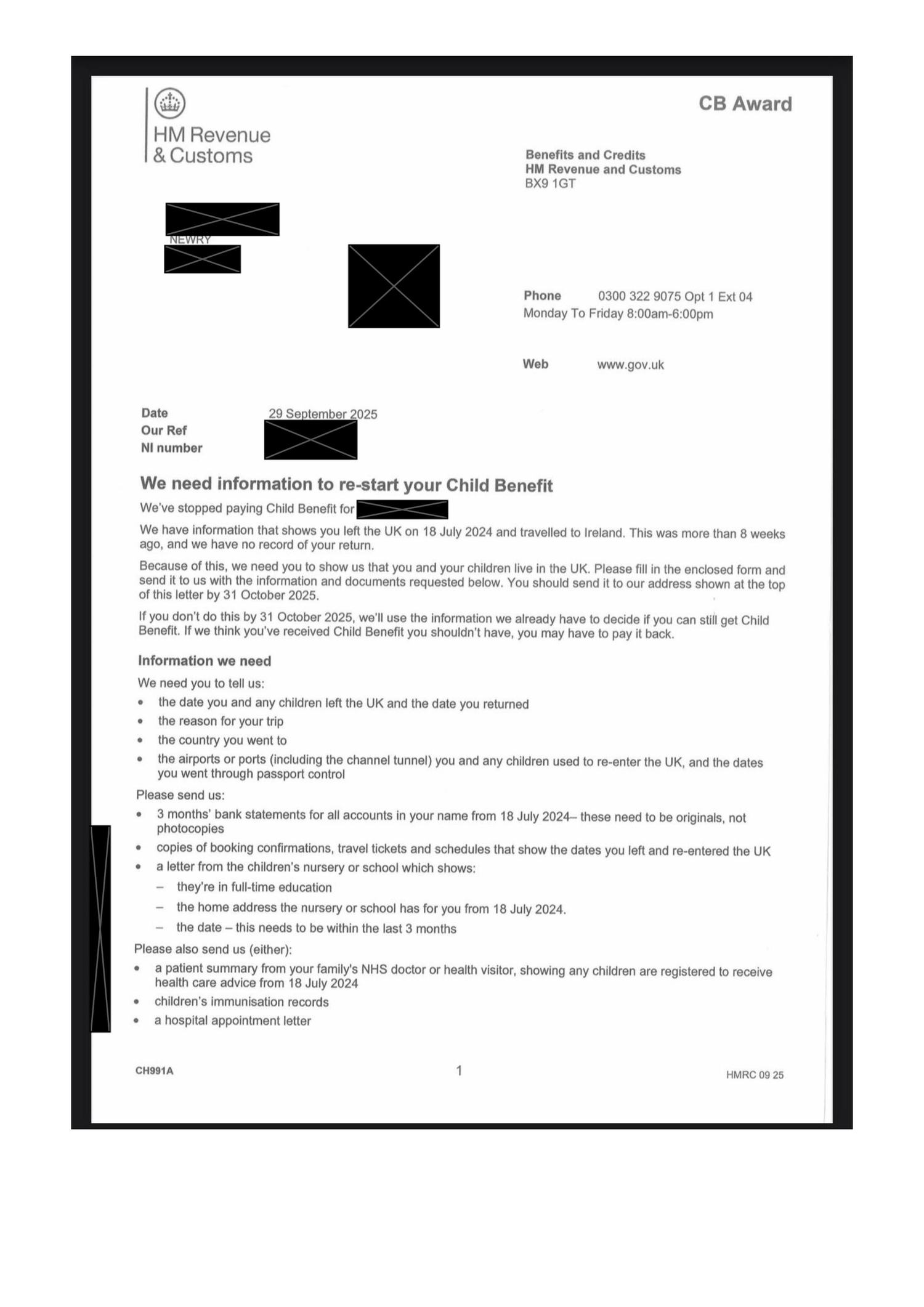 HMRC letter warning parents in Belfast their child benefit would be stopped HMRC letter warning parents in Belfast their child benefit would be stopped