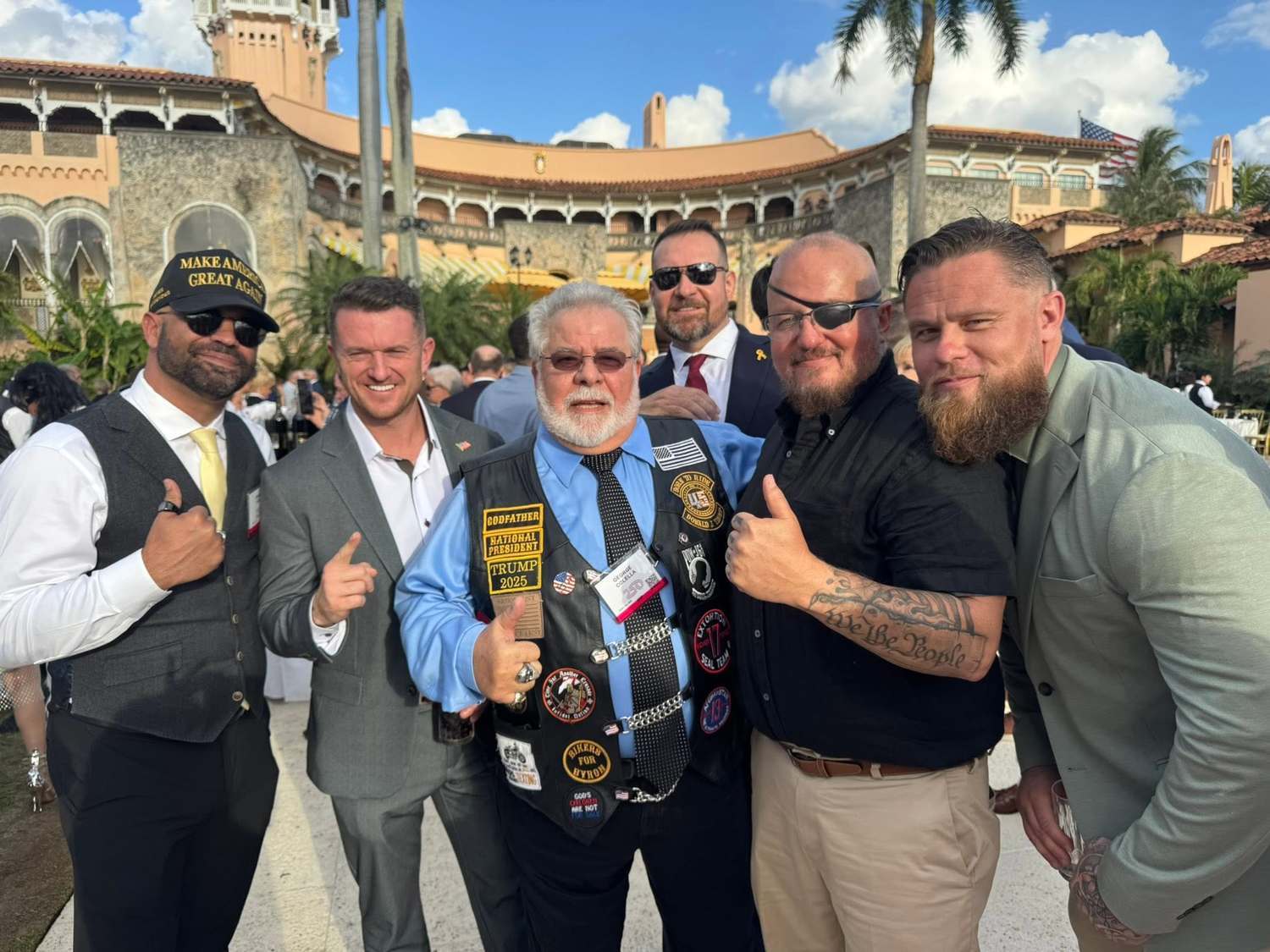 Enrique Tarrio (left) and Barry Ramey (back) with Tommy Robinson at Trump’s Mar-A-Lago earlier this year