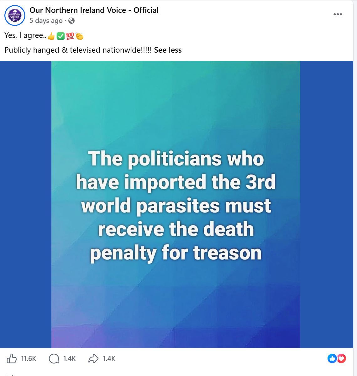 A Facebook post  with more than 11,000 ‘likes’ calling for the televised public hangings of politicians